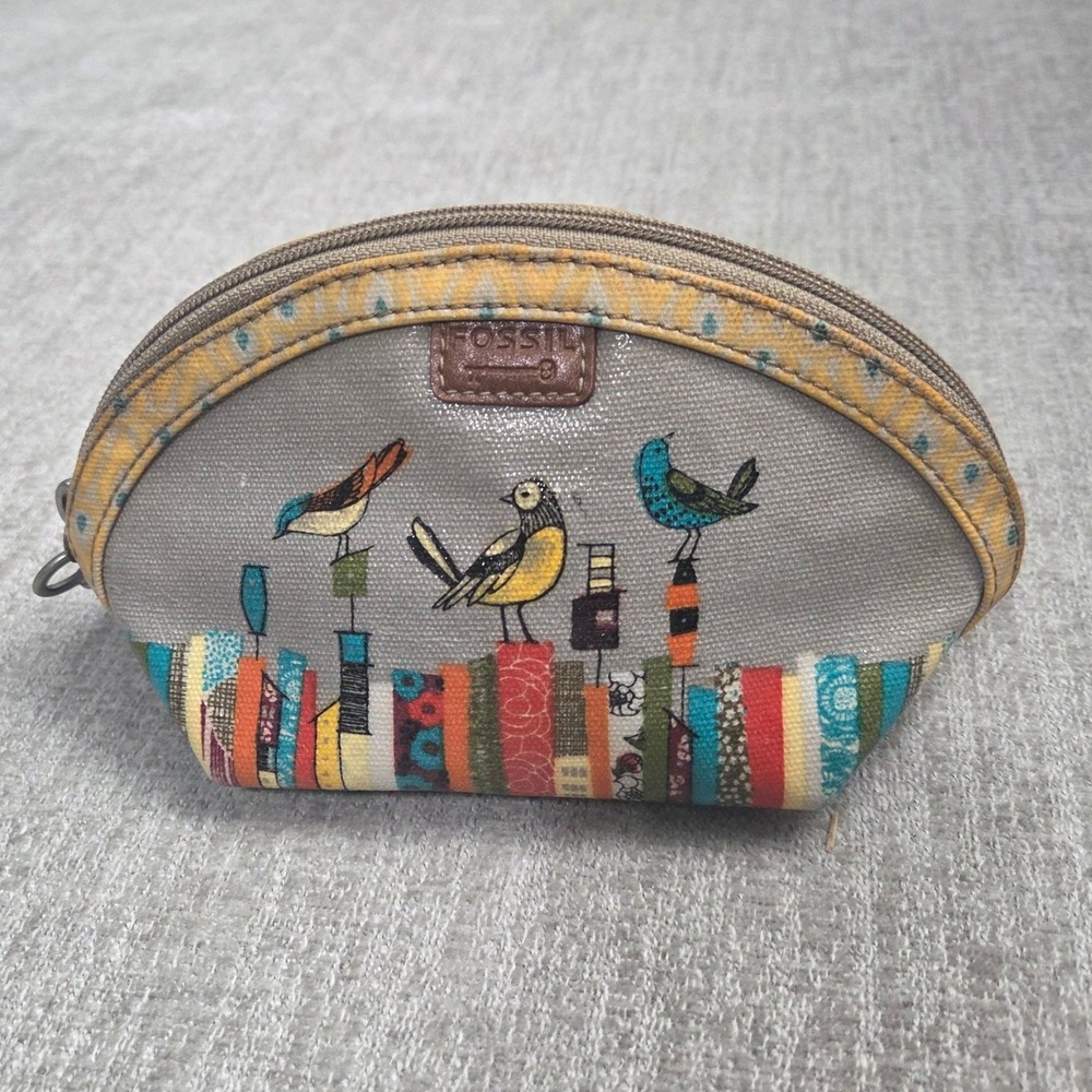 Fossil Key-Per Bird Book Stack Coated Canvas Cosmetic Bag Makeup Pouch Gray